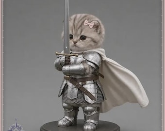 May include: A gray tabby kitten figurine wearing polished silver plate armor and a white cape. The kitten has a small pink bow on its head and holds a long, pointed silver sword with both paws while standing on a circular base.