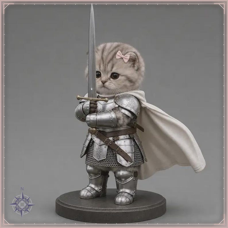 Sir Fluffington knight kitten concept art, silver tabby Scottish Fold cat in steel plate armor holding a longsword