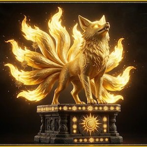 Solar Kitsune STL file - Golden Sun Fox on Sun Altar Statue: AI concept artwork the 3D model was made from, Mystvane