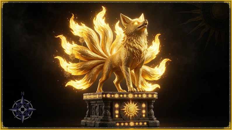 Solar Kitsune STL file - Golden Sun Fox on Sun Altar Statue: AI concept artwork the 3D model was made from, Mystvane