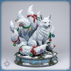 Winter Kitsune STL file for 3D printing - fantasy statue, image 1 of 11