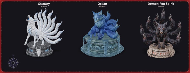 Kitsune STL collection: Ossuary, Ocean and Demon Fox Spirit nine-tailed fox statues, front view of the coloured digital models
