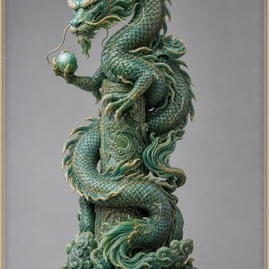May include: A detailed green dragon sculpture with gold-toned horns and whiskers, coiled around a central pillar. The dragon holds a green sphere in one claw. The base features a circular design with the Chinese character for East, 東, engraved.