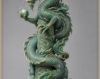 May include: A detailed green dragon sculpture with gold-toned horns and whiskers, coiled around a central pillar. The dragon holds a green sphere in one claw. The base features a circular design with the Chinese character for East, 東, engraved.