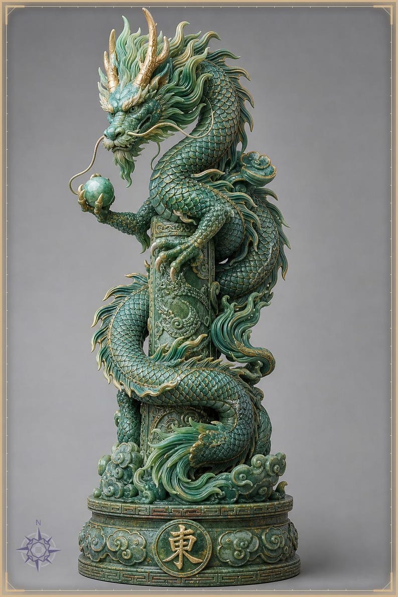 Azure Dragon STL file - Chinese Qinglong Dragon on Jade Pillar Statue: AI concept artwork the 3D model was made from, Mystvane