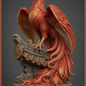 Vermilion Bird STL file - Zhuque Phoenix on Temple Roof Statue: AI concept artwork the 3D model was made from, Mystvane