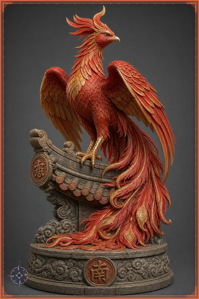 Vermilion Bird STL file - Zhuque Phoenix on Temple Roof Statue: AI concept artwork the 3D model was made from, Mystvane