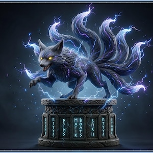 Lightning Kitsune STL file - Storm Fox Mid-Pounce Statue: AI concept artwork the 3D model was made from, Mystvane