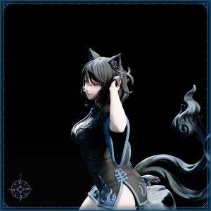 Blue Flame Cat Maiden STL file for 3D printing - folklore anime girl statue, image 10 of 11