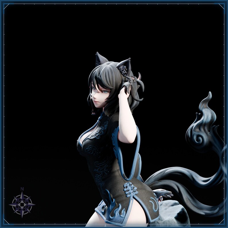 Blue Flame Cat Maiden STL file for 3D printing - folklore anime girl statue, image 10 of 11