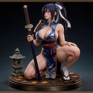May include: A detailed figurine of a dark-haired warrior in a blue cheongsam with white crane patterns, kneeling on a wooden base. The figure holds a long katana with a black scabbard and wears white tabi socks with sandals near a stone lantern.