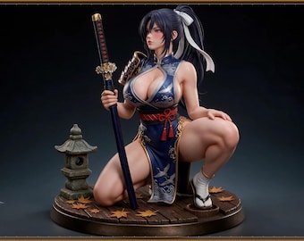 May include: A detailed figurine of a dark-haired warrior in a blue cheongsam with white crane patterns, kneeling on a wooden base. The figure holds a long katana with a black scabbard and wears white tabi socks with sandals near a stone lantern.