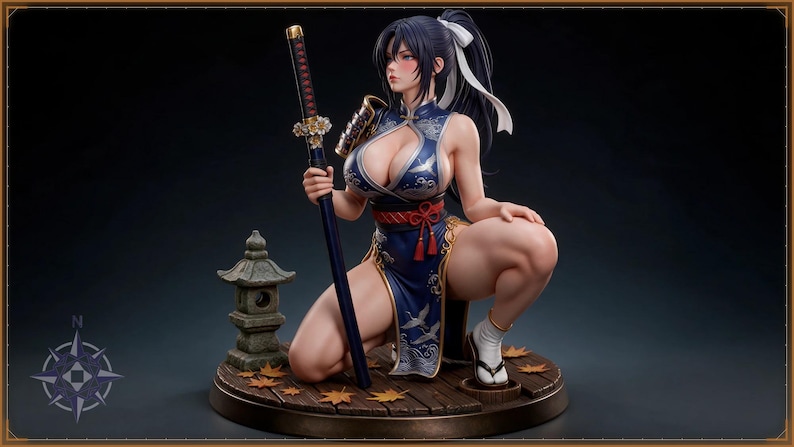Samurai STL file - Anime Samurai Girl Kneeling with Katana Statue: AI concept artwork the 3D model was made from, Mystvane