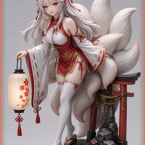Original artwork of Kitsune Miko, a white-haired fox shrine maiden in a red miko qipao dress with nine tails and a paper lantern
