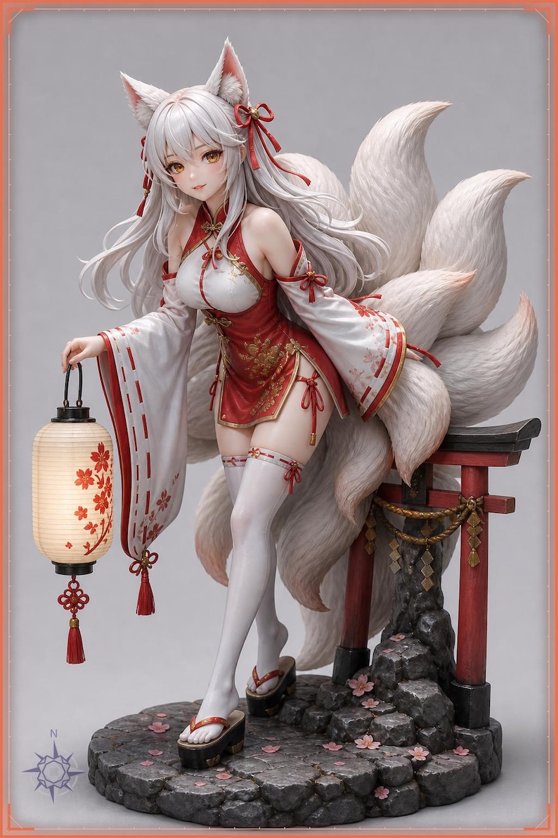 Original artwork of Kitsune Miko, a white-haired fox shrine maiden in a red miko qipao dress with nine tails and a paper lantern