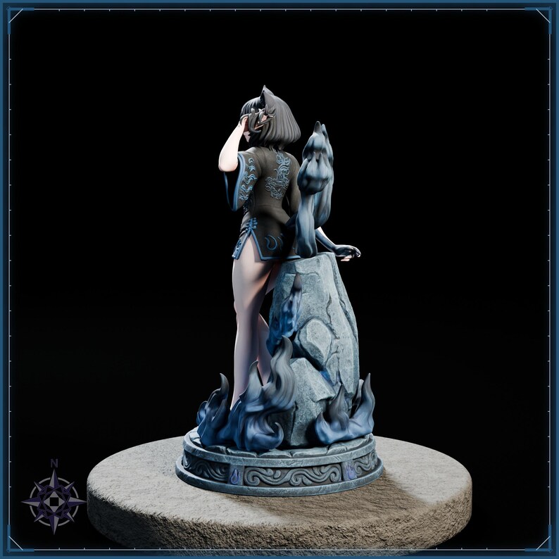 Blue Flame Cat Maiden STL file for 3D printing - folklore anime girl statue, image 4 of 11