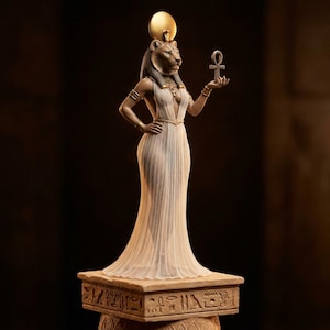 Puede incluir: Una estatua de una figura con cabeza de león que viste un vestido blanco largo y plisado con joyas doradas, incluyendo brazaletes y un collar con un colgante ankh. La figura sostiene un símbolo ankh y tiene un halo de disco solar dorado.