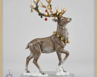 Reindeer STL File - Stag with Festive Antlers, Jingle Bells and Holly Statue