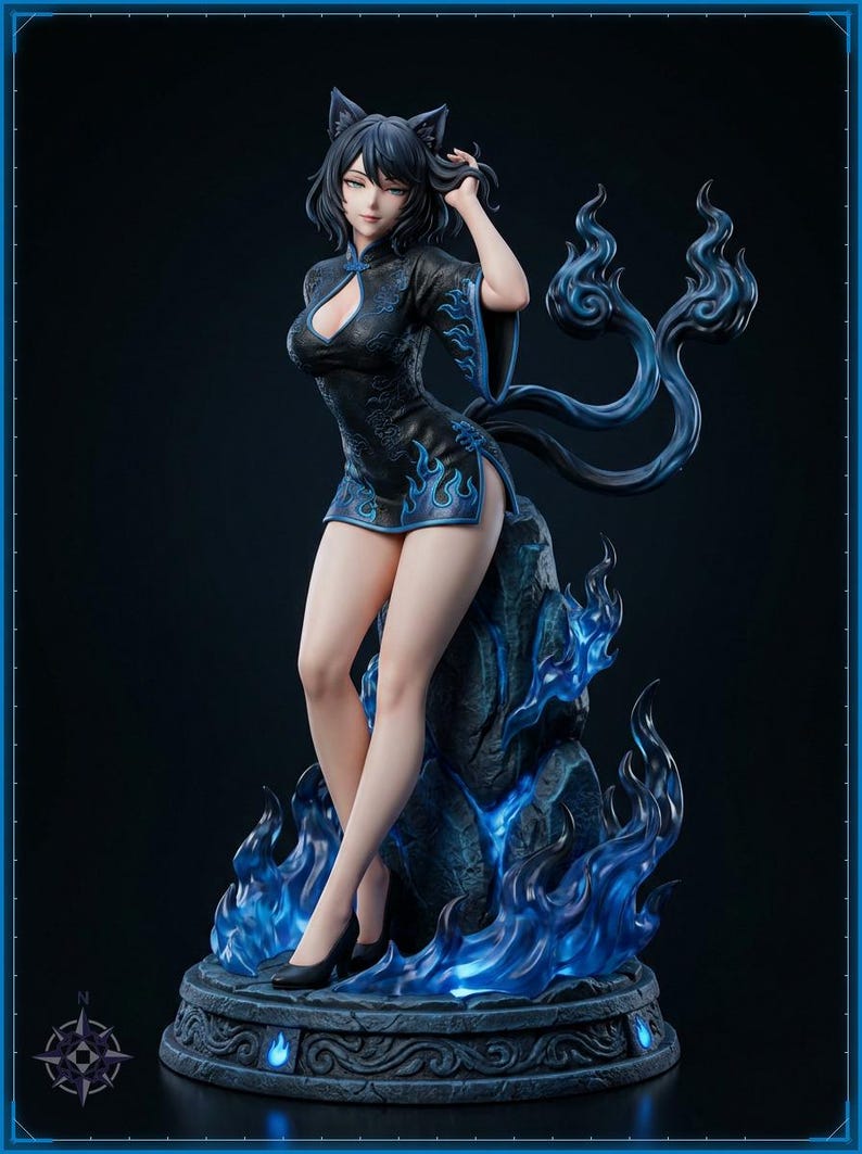 Blue Flame Cat Maiden STL file for 3D printing - folklore anime girl statue, image 1 of 11