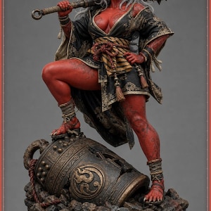 May include: A red-skinned oni figurine with long white hair and horns, wearing a black and gold patterned kimono. The figure holds a large spiked club over one shoulder and stands with one foot on a weathered, cracked bronze temple bell.