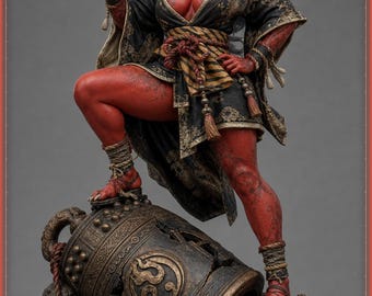 May include: A red-skinned oni figurine with long white hair and horns, wearing a black and gold patterned kimono. The figure holds a large spiked club over one shoulder and stands with one foot on a weathered, cracked bronze temple bell.