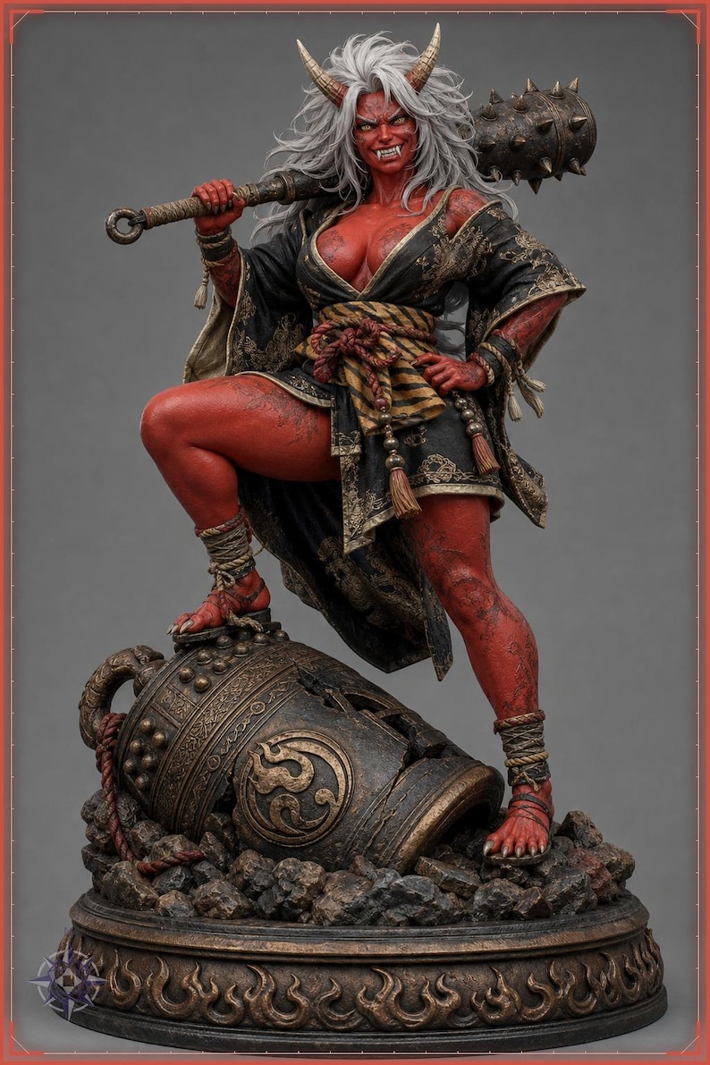 Oni Girl STL file - Red Demon Girl with Kanabo Statue: AI concept artwork the 3D model was made from, Mystvane