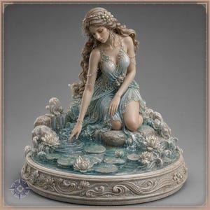 May include: A detailed figurine of a long-haired figure wearing a flowing blue dress adorned with pearls, kneeling by a pond. The figure touches the water surface, surrounded by sculpted lotus flowers and lily pads on a circular base.