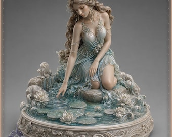 May include: A detailed figurine of a long-haired figure wearing a flowing blue dress adorned with pearls, kneeling by a pond. The figure touches the water surface, surrounded by sculpted lotus flowers and lily pads on a circular base.