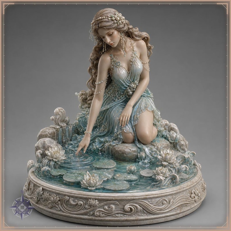 Summer Spirit STL file - Naiad Water Nymph in Lotus Pond Statue: AI concept artwork the 3D model was made from, Mystvane