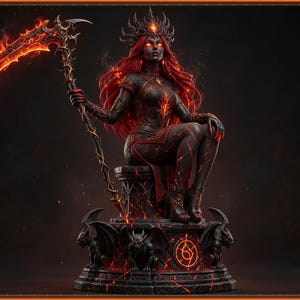 Ember Reaper gothic fire demon statue STL file, dark fantasy 3D printable figurine on a throne
