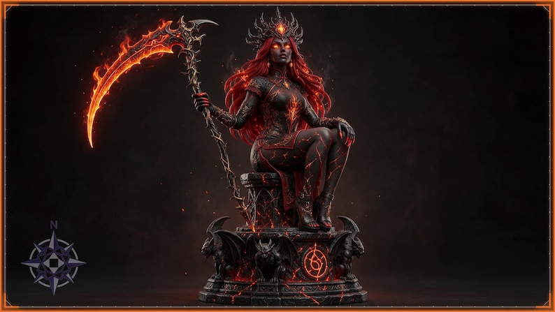 Ember Reaper gothic fire demon statue STL file, dark fantasy 3D printable figurine on a throne
