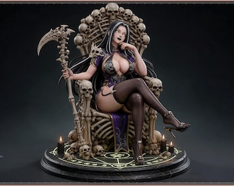 May include: A detailed figurine of a character with long black hair sitting on a throne constructed from human skulls and bones. The figure wears a purple and black outfit, holds a large scythe, and rests on a circular base with candles.