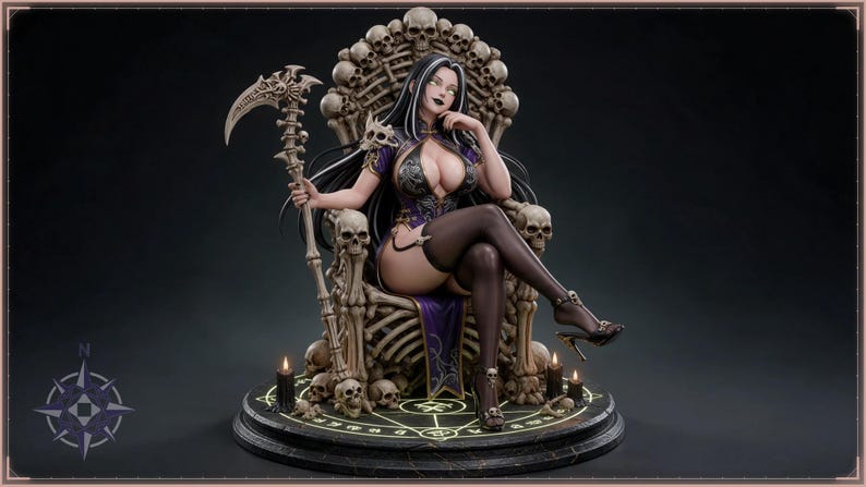 Necromancer STL file - Anime Necromancer Girl on Bone Throne Statue: AI concept artwork the 3D model was made from, Mystvane