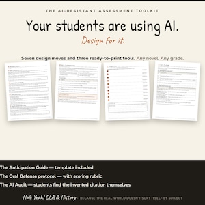 May include: A digital educational resource titled The AI-Resistant Assessment Toolkit. It features four white printed worksheets with black text, seven design moves, and three ready-to-print tools for students. The bottom section lists The Anticipation Guide, The Oral Defense protocol, and The AI Audit on a dark background.