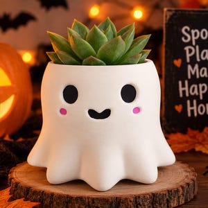 May include: A white ghost-shaped planter with a smooth matte finish, featuring two black circular eyes, a small black mouth, and two pink circular cheeks. A green succulent plant is potted inside the top opening of the ghost-shaped container.
