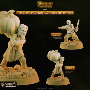 Könnte beinhalten: Halfling Pumpkin Launcher Operators Miniatur-Set mit Halfling Operator A mit Schwert und Halfling Operator B, der einen Kürbis trägt. Operator A ist 23mm hoch mit einer 25mm Basis, und Operator B ist 31mm hoch mit einer 25mm Basis.
