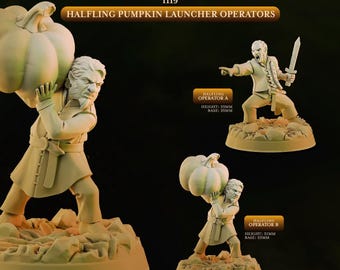 May include: Halfling Pumpkin Launcher Operators miniature set featuring Halfling Operator A with a sword and Halfling Operator B carrying a pumpkin. Operator A is 23mm tall with a 25mm base, and Operator B is 31mm tall with a 25mm base.