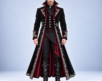 May include: A long black velvet coat with deep red lining, silver embroidery on the lapels and cuffs, and a matching vest with silver buttons. The ensemble includes black trousers and black leather boots, creating a structured, formal appearance.