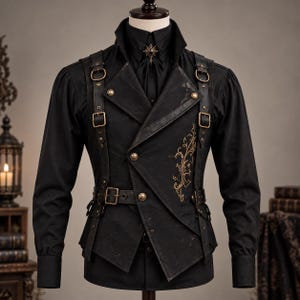 Könnte beinhalten: Ein schwarzes Langarmhemd unter einer schwarzen Weste mit asymmetrischem Frontverschluss. Die Weste ist mit dekorativen goldfarbenen Metallschnallen, Riemen und Knöpfen sowie einer filigranen goldenen Blumenstickerei auf der rechten Seite versehen.