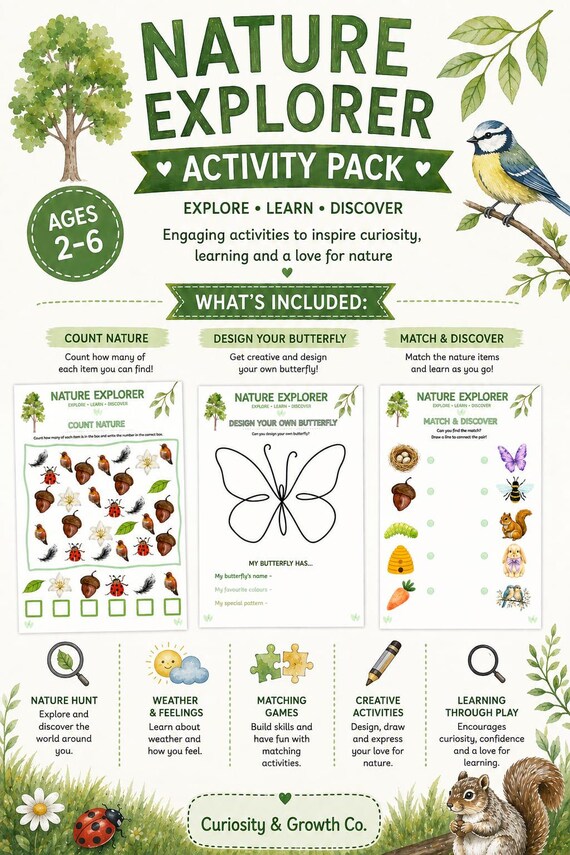Nature Explorer Activity Pack | Printable Kids Nature Activities | Ages 2–6 | Outdoor Learning Worksheets