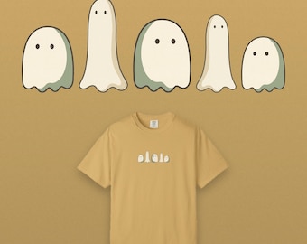 Halloween T-shirt met vijf spookjes op de borst, donker T-shirt in cottagecore-stijl, geverfd in comfortabele kleuren, ideaal Halloween-cadeau.