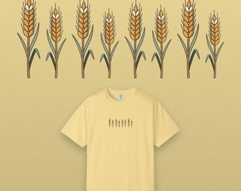T-shirt met tarweoogstmotief, cottagecore-stijl, geverfd in comfortabele kleuren, ideaal als cadeau voor Thanksgiving.