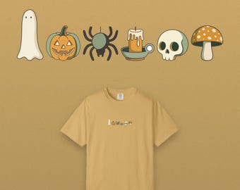 Kleurrijk griezelig shirt voor het Halloweenfeest, gotisch cottagecore T-shirt, geverfd in comfortabele kleuren, ideaal als Halloween-cadeau.