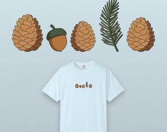 Herfstshirt met dennenappelprint, botanisch T-shirt, geverfd in comfortabele kleuren, ideaal als cadeau voor Thanksgiving.