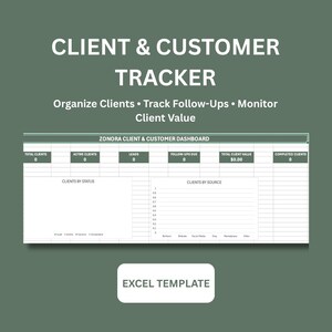 Pode incluir: Um modelo de Excel para rastreamento de clientes em um fundo verde. O painel inclui seções para total de clientes, clientes ativos, leads, acompanhamentos, valor do cliente e clientes concluídos, com gráficos para status e fonte de origem.