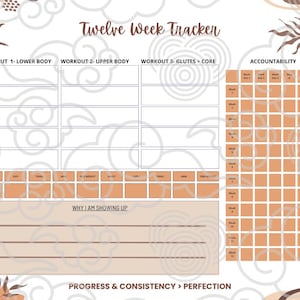 May include: A Twelve Week Tracker fitness planner page with sections for workout routines, body measurements, and an accountability grid. The design features brown and peach tones, butterfly icons, and the text Progress & Consistency > Perfection.