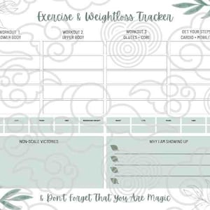 May include: A white exercise and weight loss tracker sheet with sage green accents and botanical illustrations. It features sections for workout logs, non-scale victories, and personal goals, with the text 'Exercise & Weightloss Tracker' at the top.