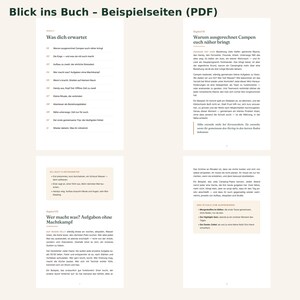 May include: Four pages of a book displayed in a grid layout, featuring German text with headings such as 'Was dich erwartet' and 'Warum ausgerechnet Campen euch n&auml;her bringt'. The pages include bulleted lists, numbered chapters, and light tan text boxes.