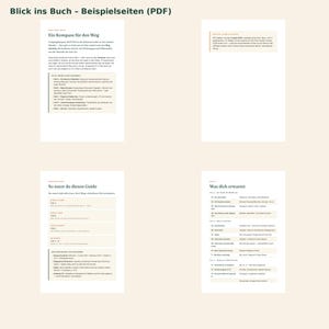 May include: Four pages of a digital guide titled Blick ins Buch - Beispiesseiten (PDF) featuring German text. The pages contain structured information, headings, and lists regarding travel planning, including sections like Ein Kompass f&uuml;r den Weg and Was dich erwartet, presented in a clean, black-and-white layout.