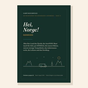 May include: A dark green travel guide titled Campingkompass Hei, Norge! Norwegen. The cover features white text detailing Norwegian travel regulations, including AutoPASS, ferries, and speed limits, with a minimalist line art graphic of a camper.